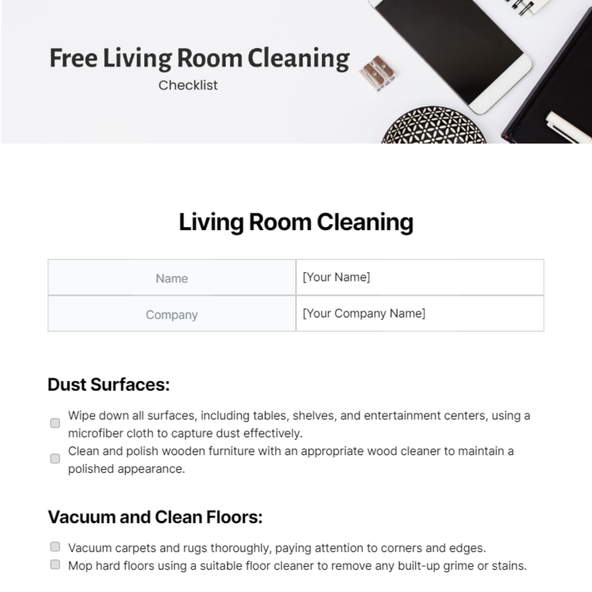 Free Living Room Cleaning Checklist Template
