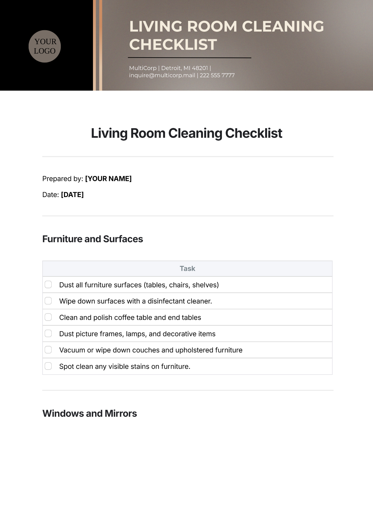 Living Room Cleaning Checklist Template - Edit Online & Download