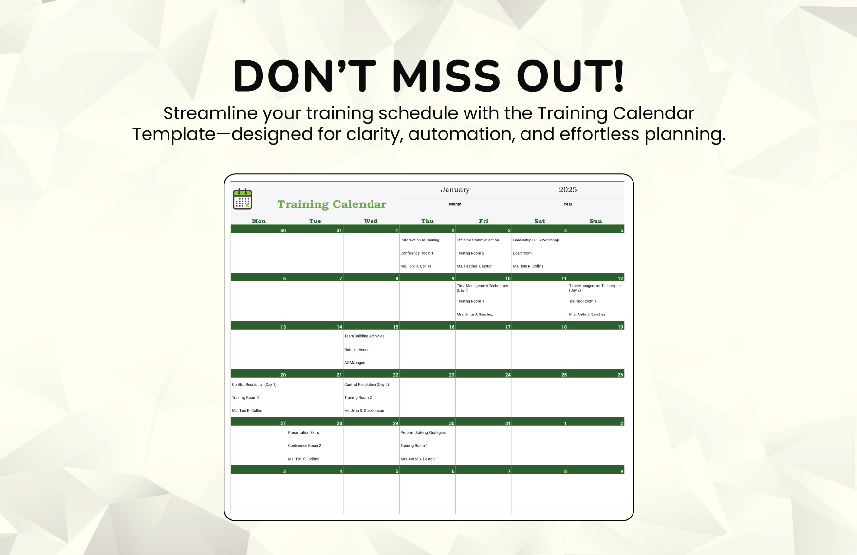 Training Calendar Template