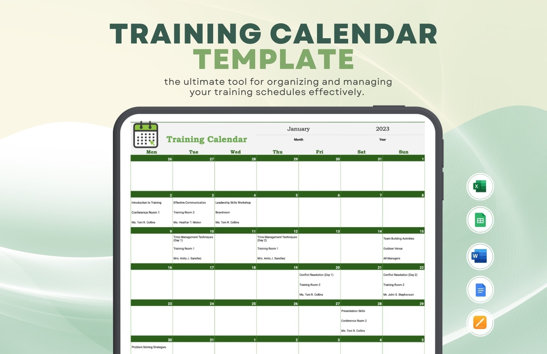 Training Calendar Template in Word, Google Docs, Excel, Google Sheets, Apple Pages