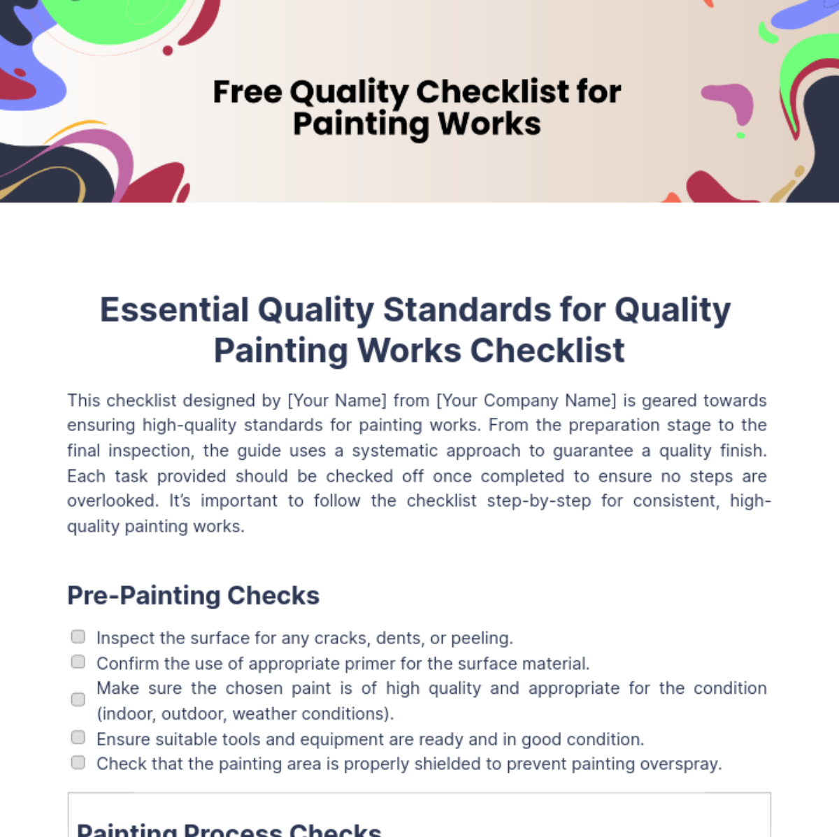 Quality Checklist for Painting Works Template