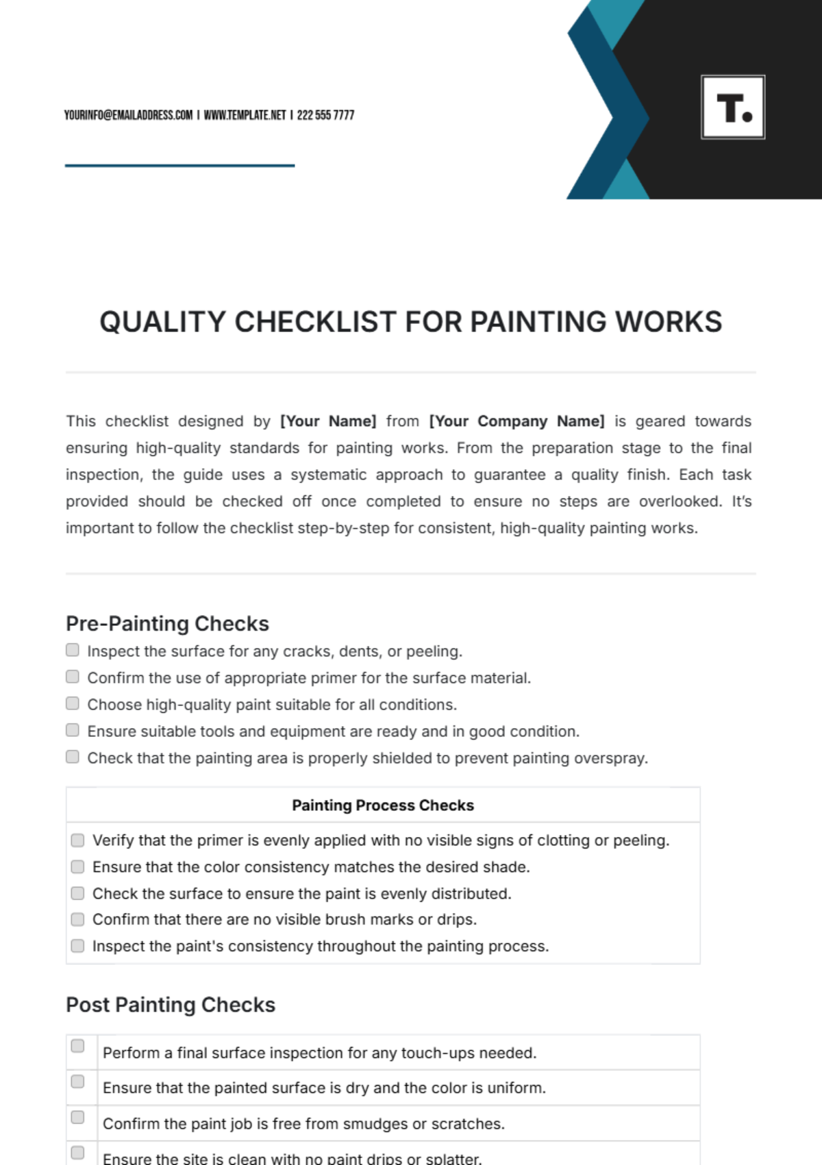 Quality Checklist for Painting Works Template - Edit Online & Download