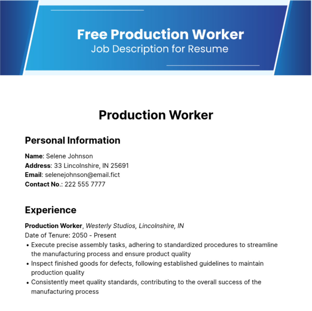 Free Production Worker Job Description for Resume Template