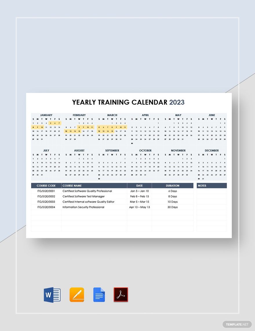 Yearly Training Calendar Template