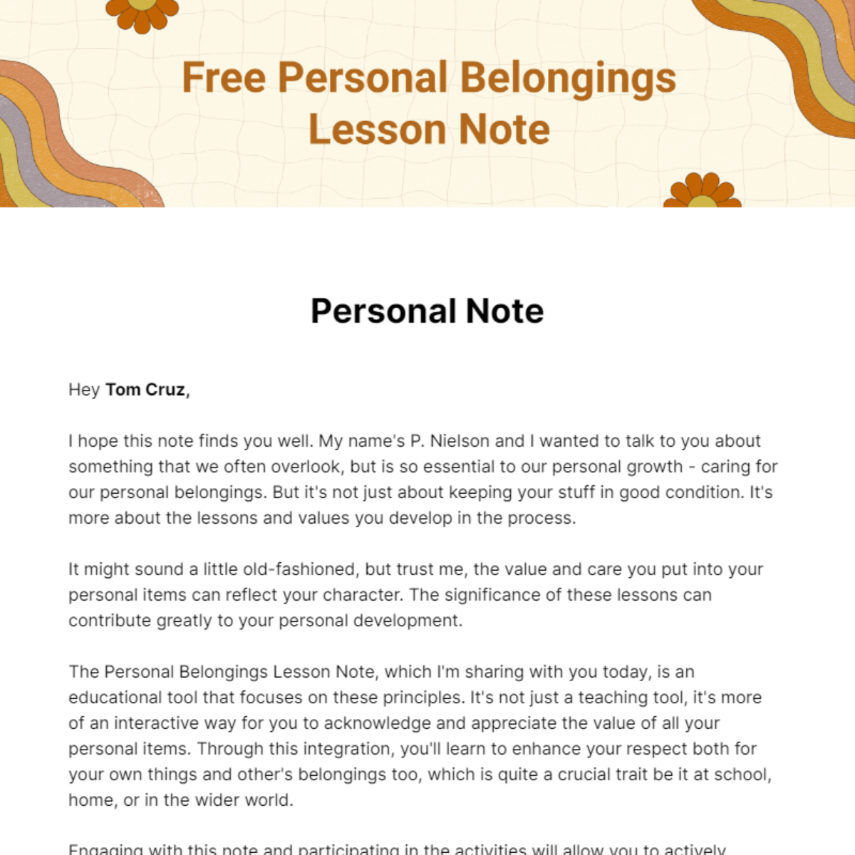 Personal Belongings Lesson Note Template