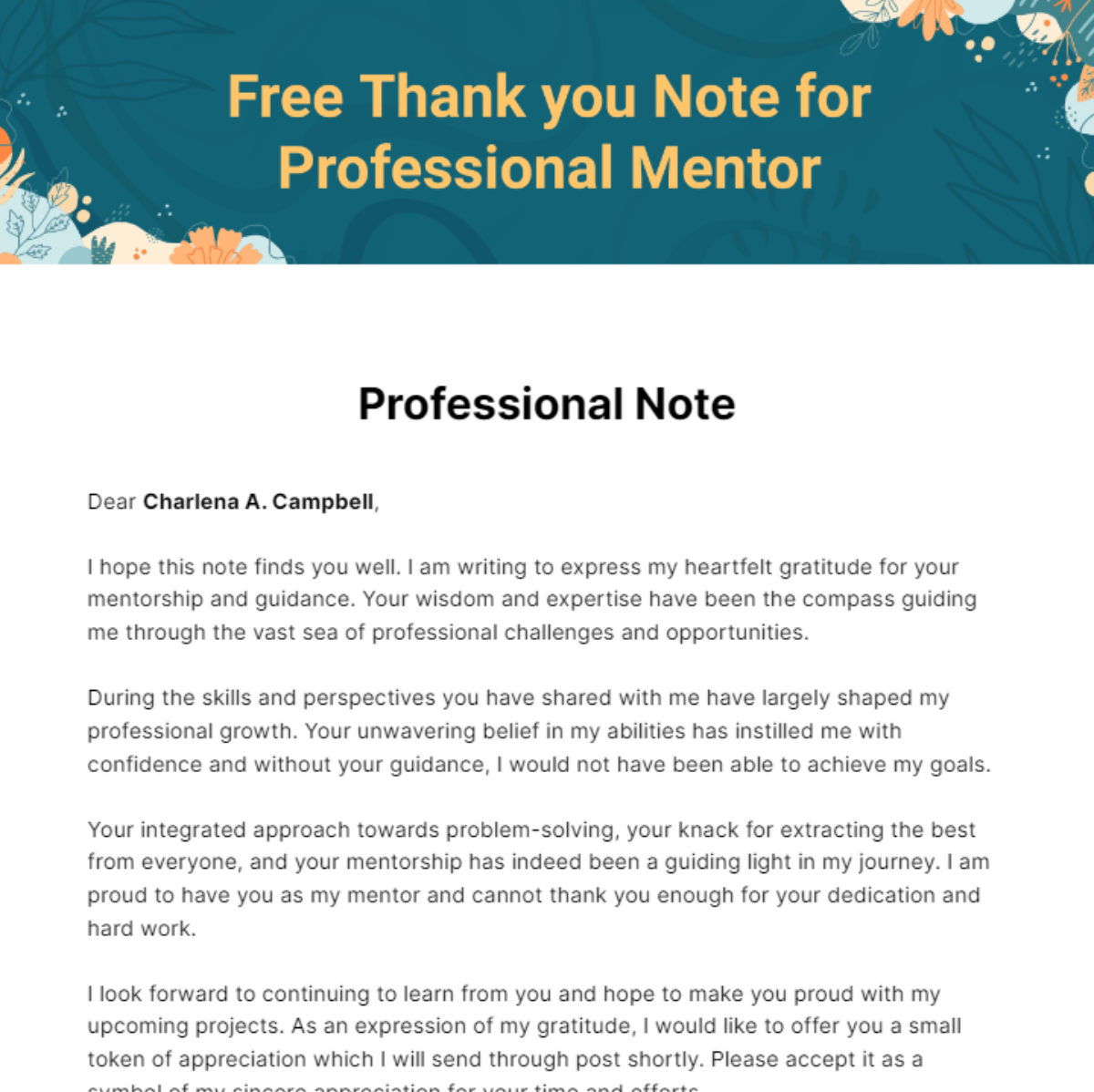 Thank you Note for Professional Mentor Template