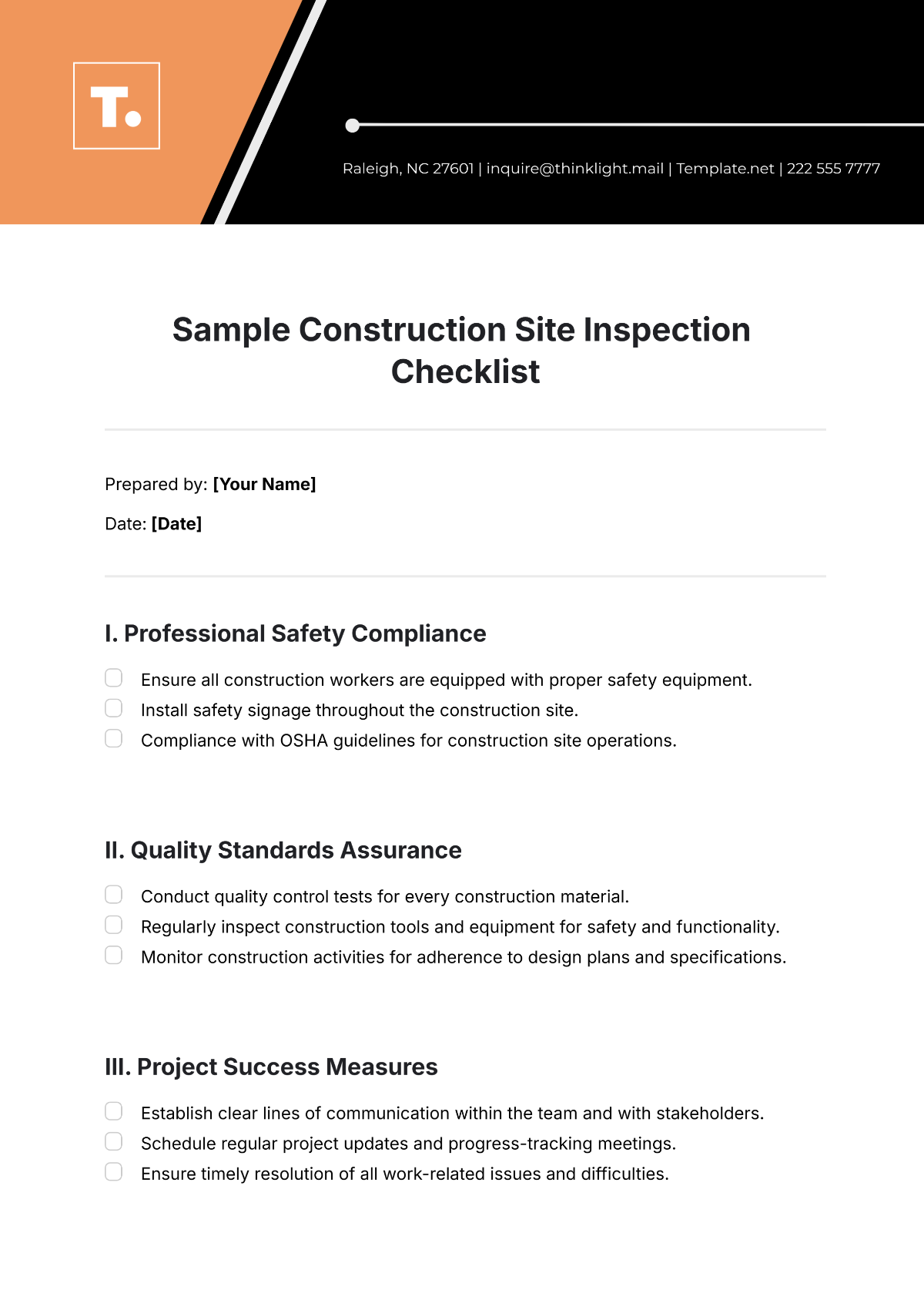 Sample Construction Site Inspection Checklist Template