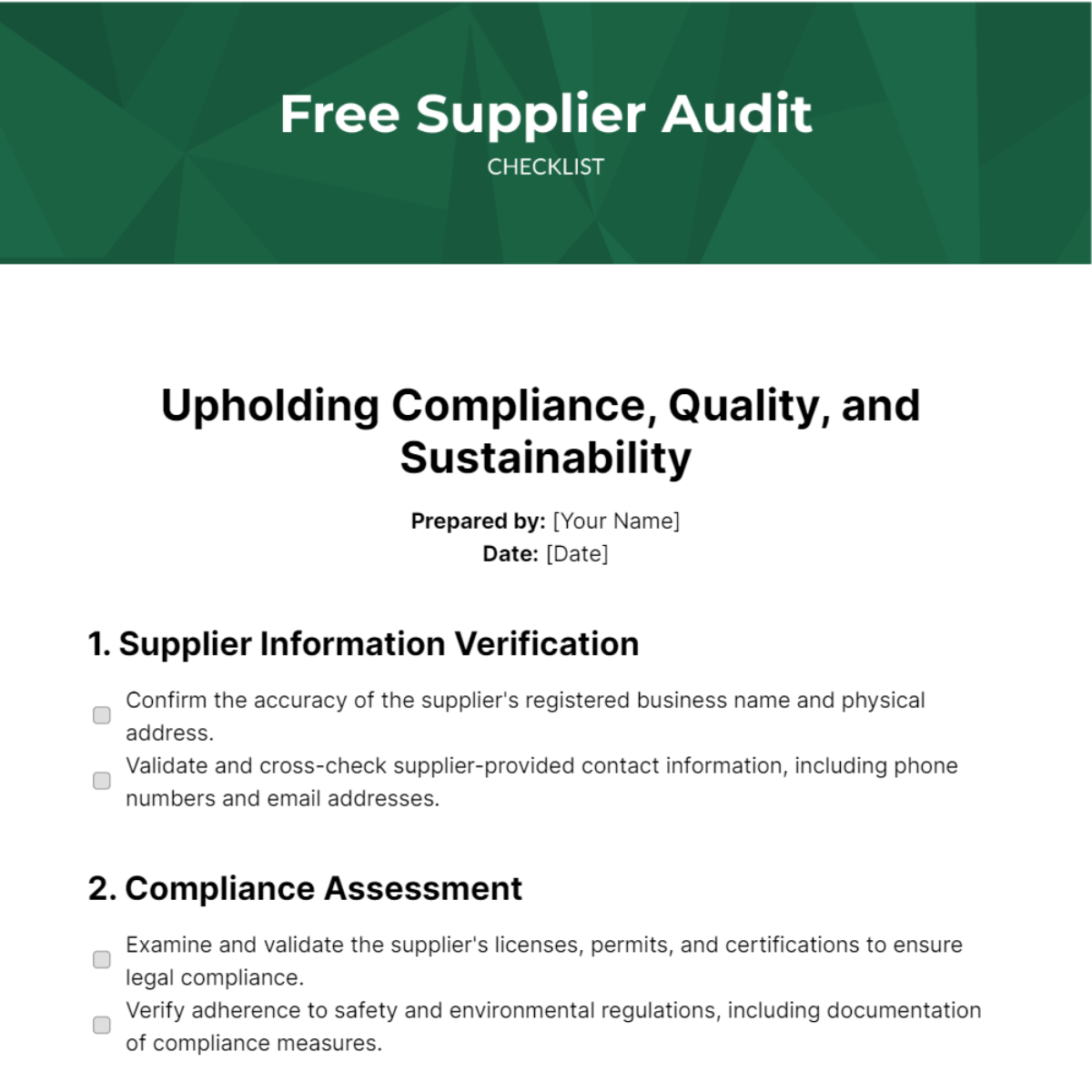 Free Supplier Audit Checklist Template