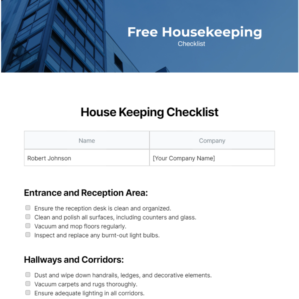 Housekeeping Checklist Template