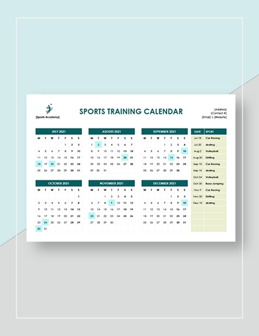 Sports Training Calendar Template