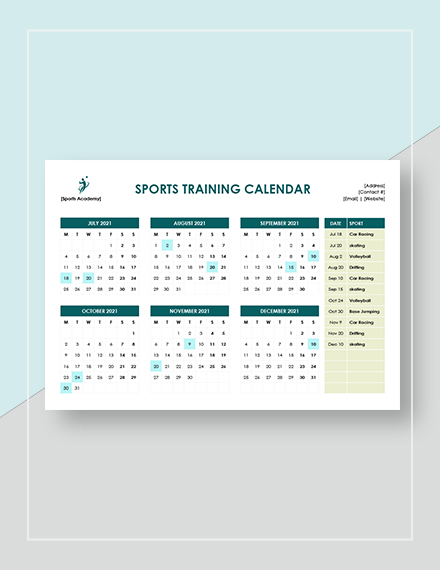 Sports Training Calendar  Template
