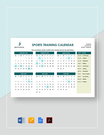 Sports Training Calendar