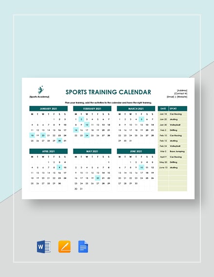 sports training calendar