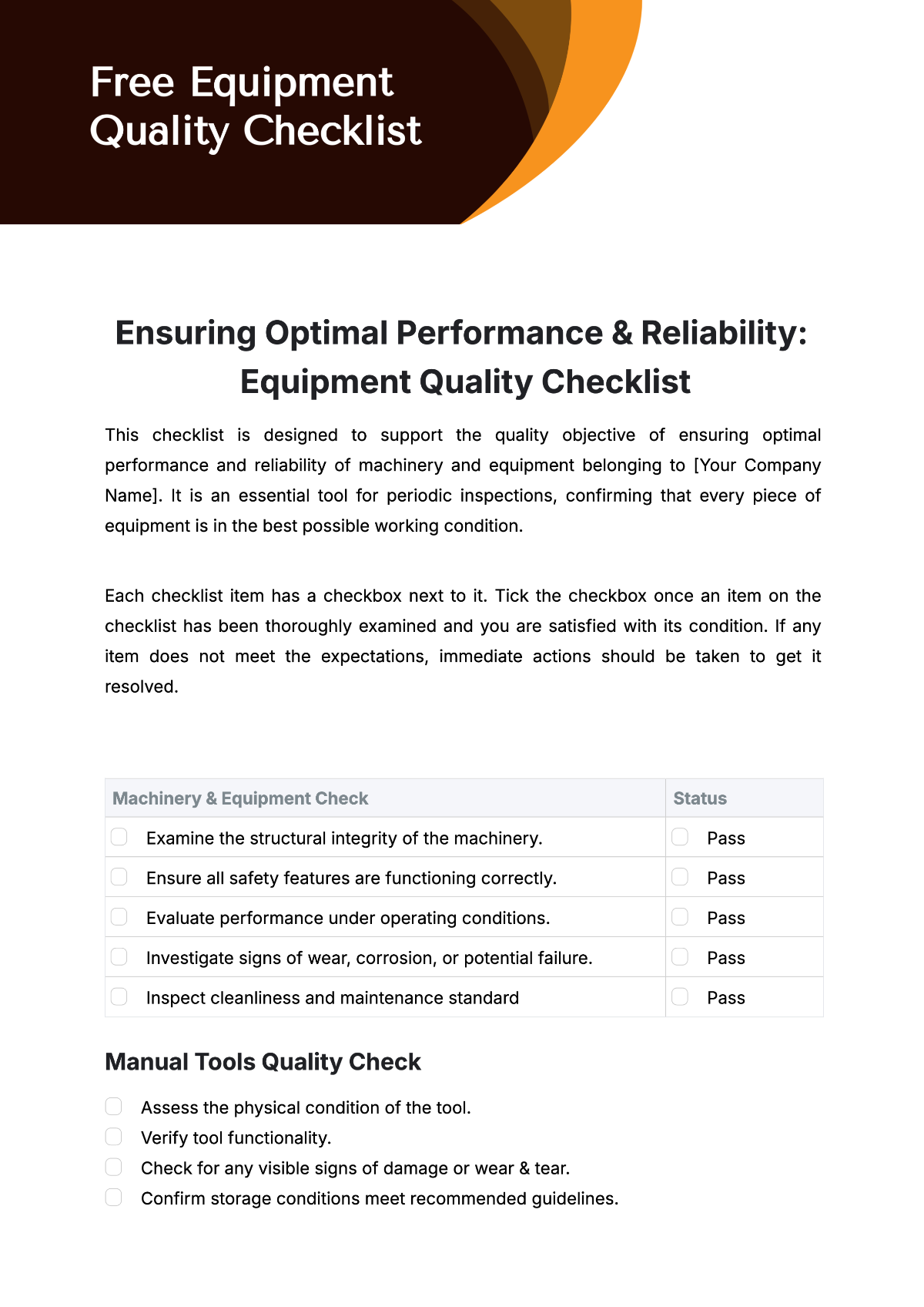 Equipment Quality Checklist Template - Edit Online & Download