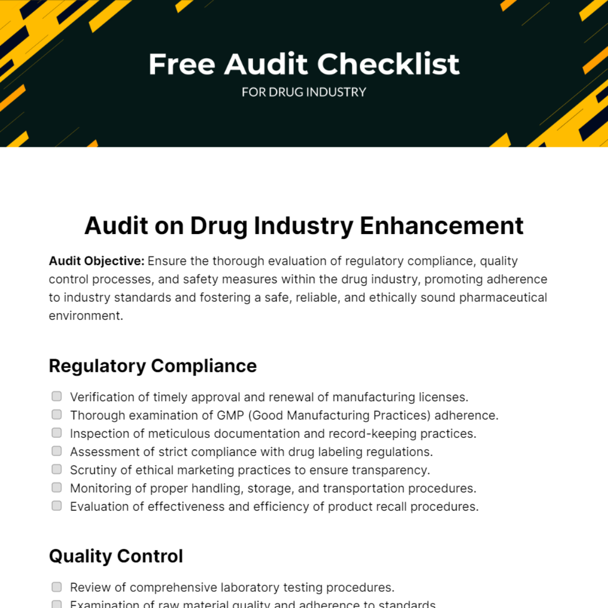 Free Audit Checklist for Drug Industry Template