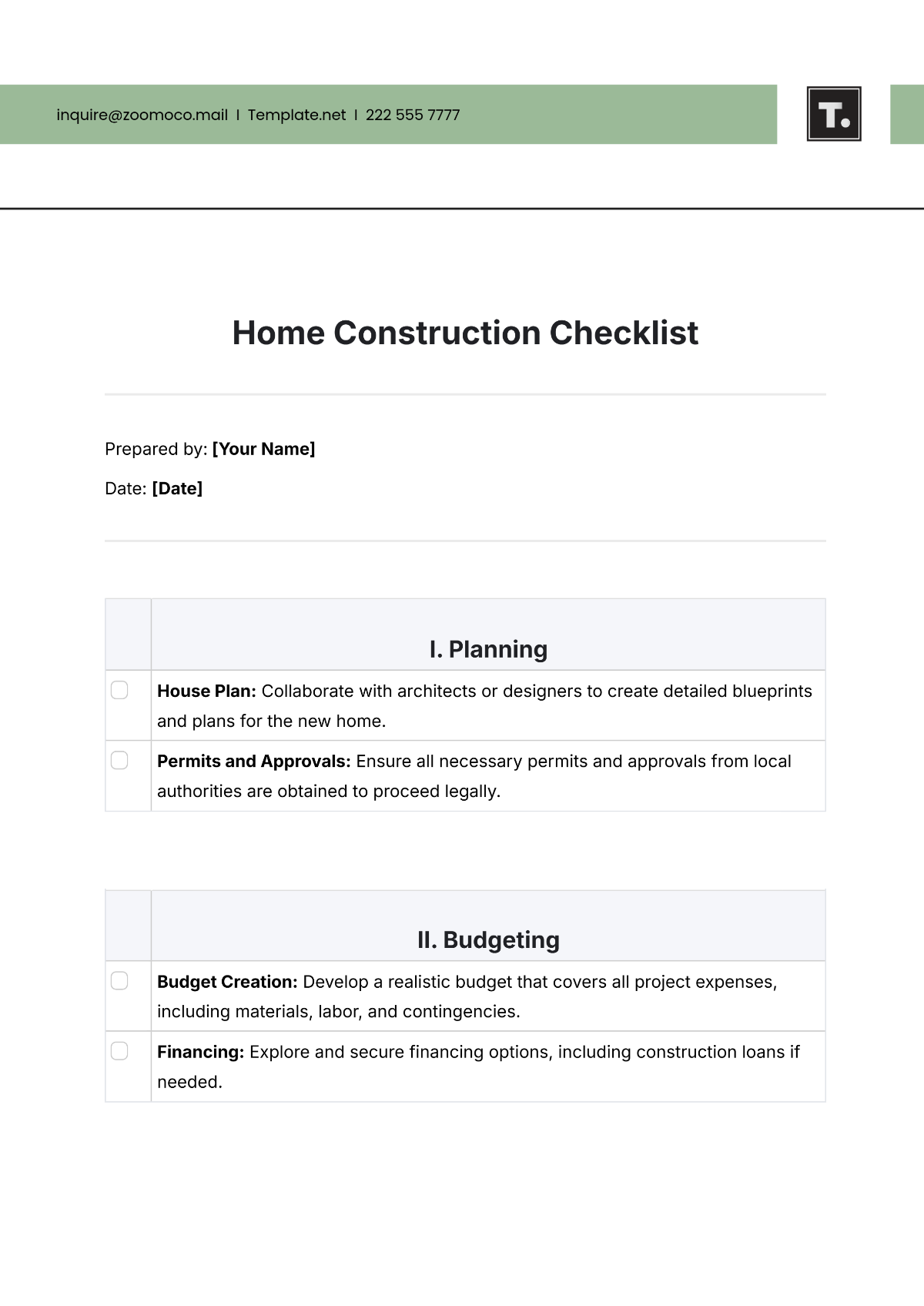 New Home Construction Checklist Template