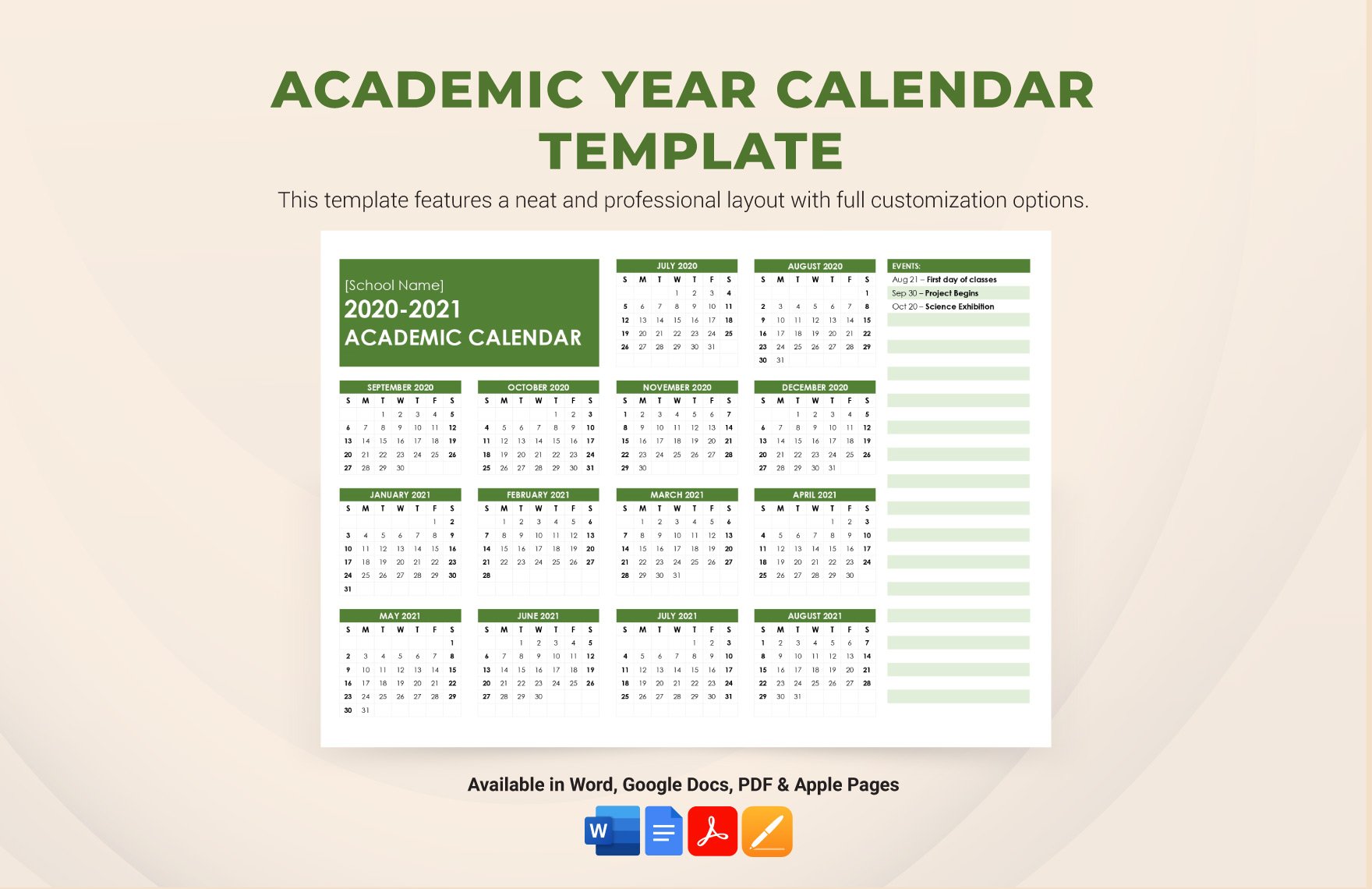 Academic Year Calendar Template in Word, Google Docs, PDF, Apple Pages