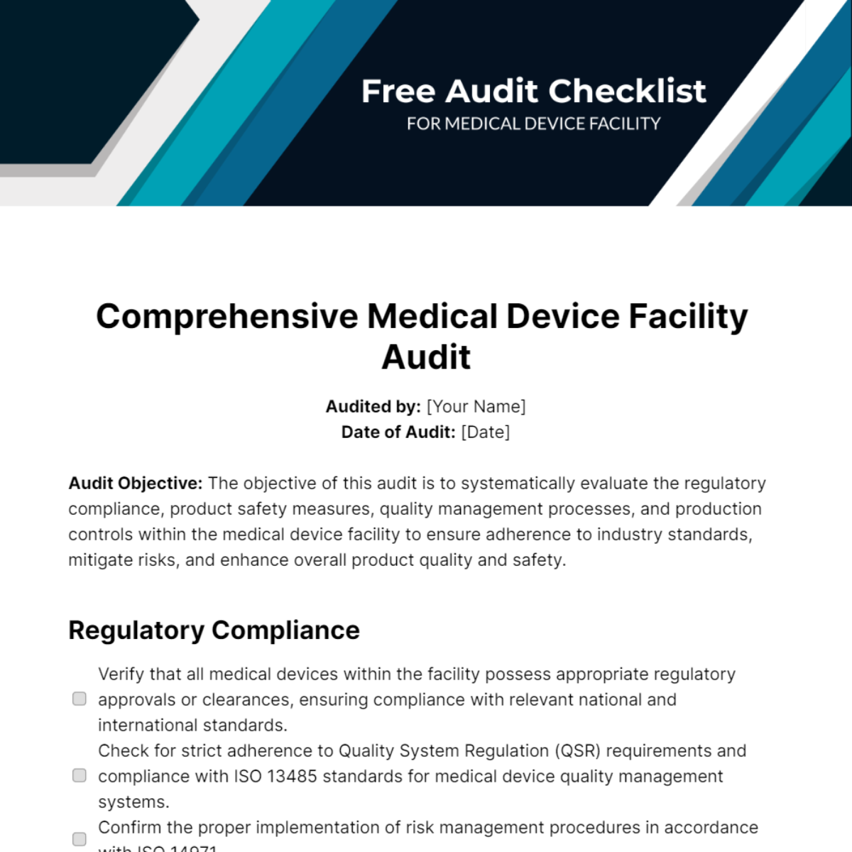 Free Audit Checklist for Medical Device Facility Template
