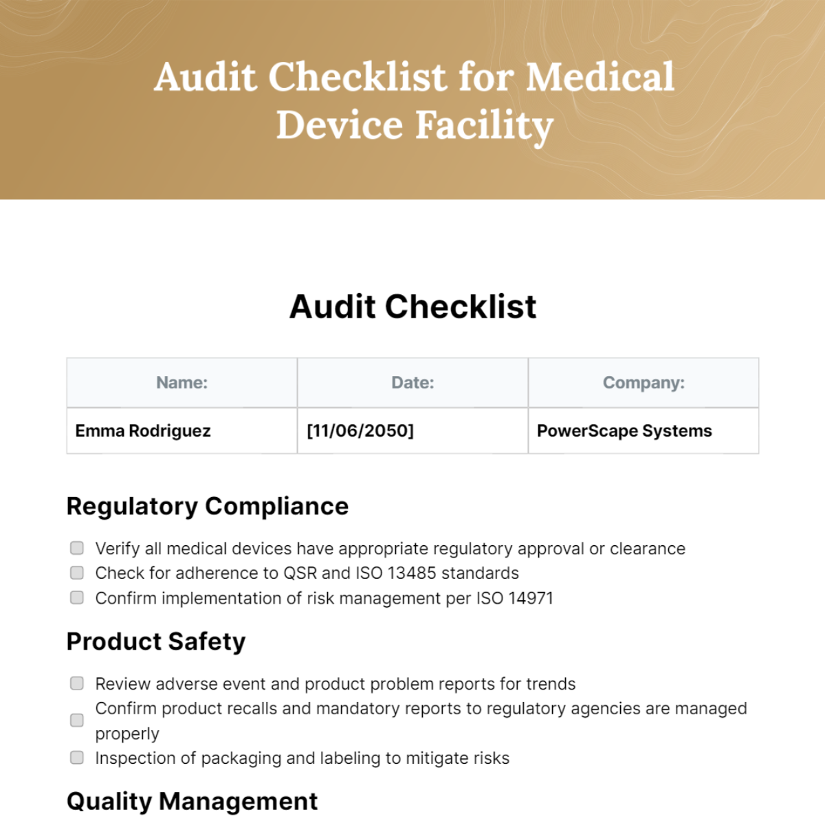 Free Audit Checklist For Medical Device Facility - Edit Online ...