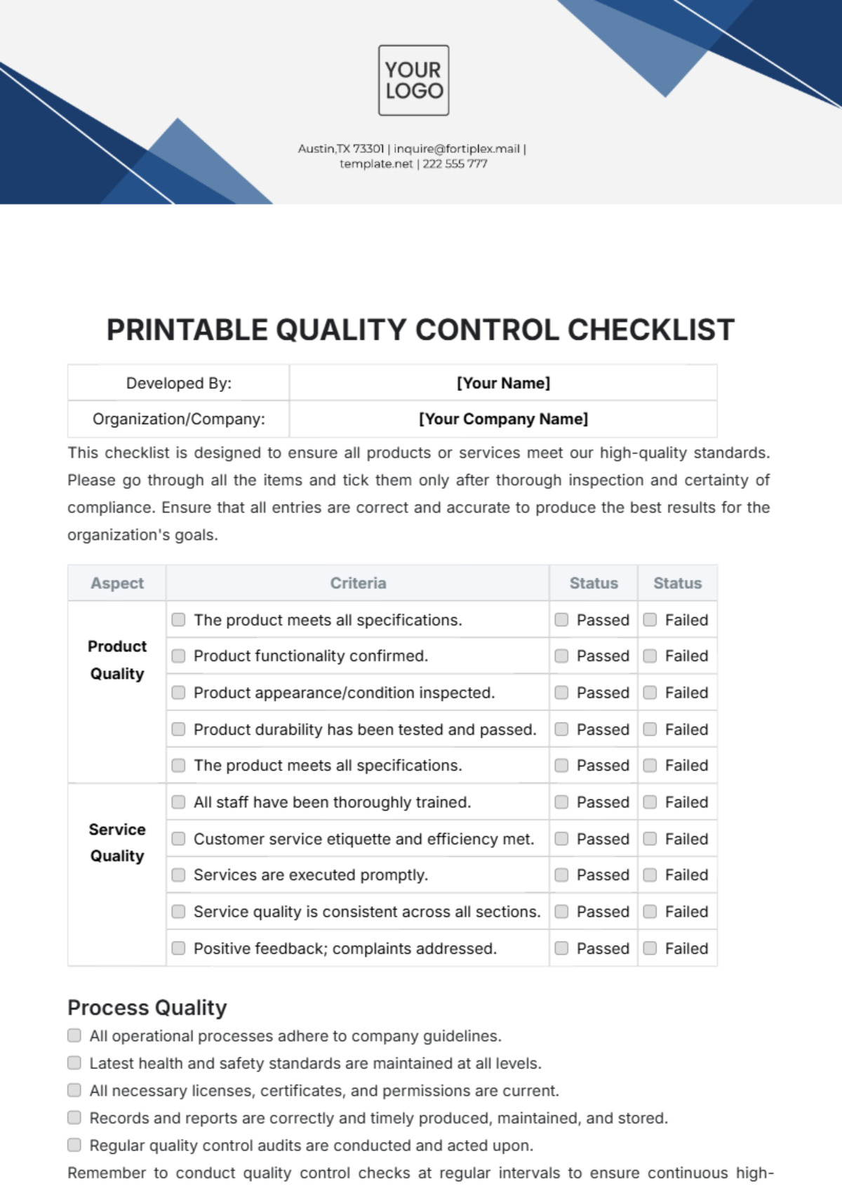 Printable Quality Control Checklist Template