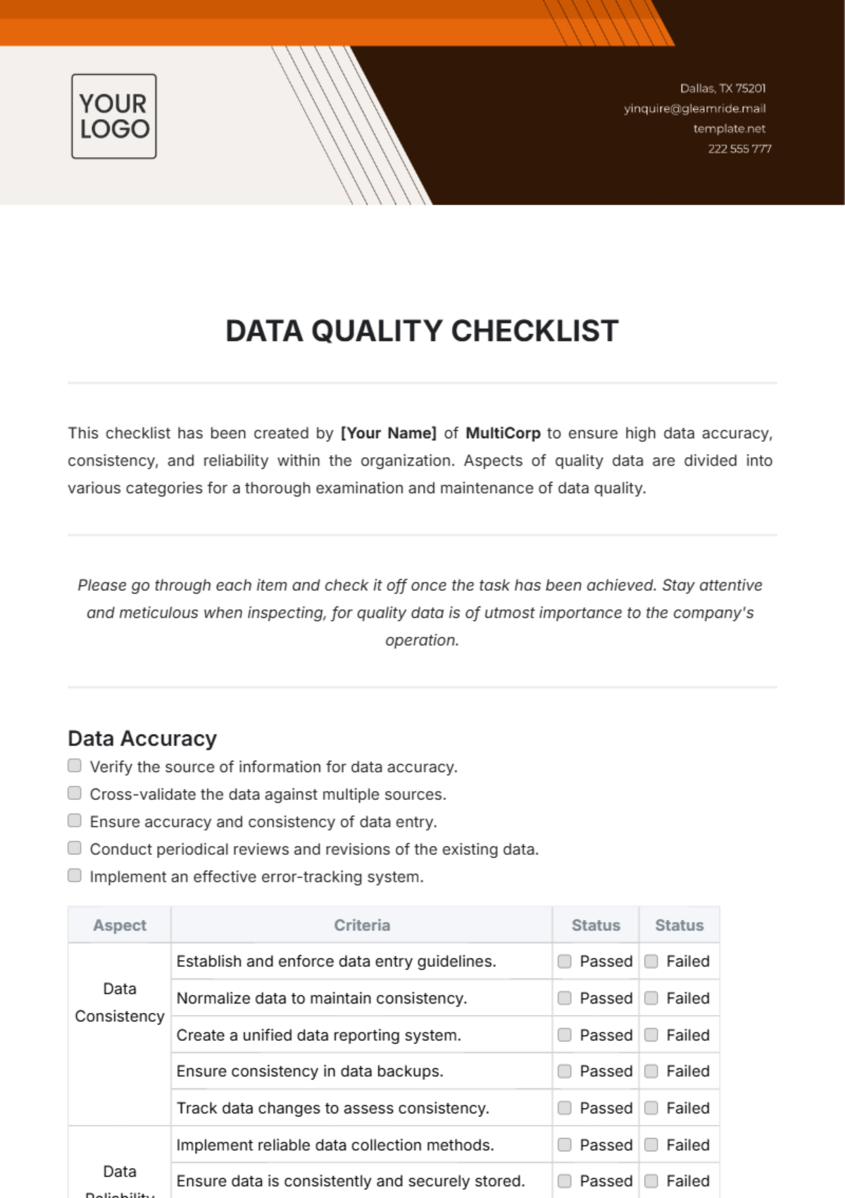 Data Quality Checklist Template - Edit Online & Download