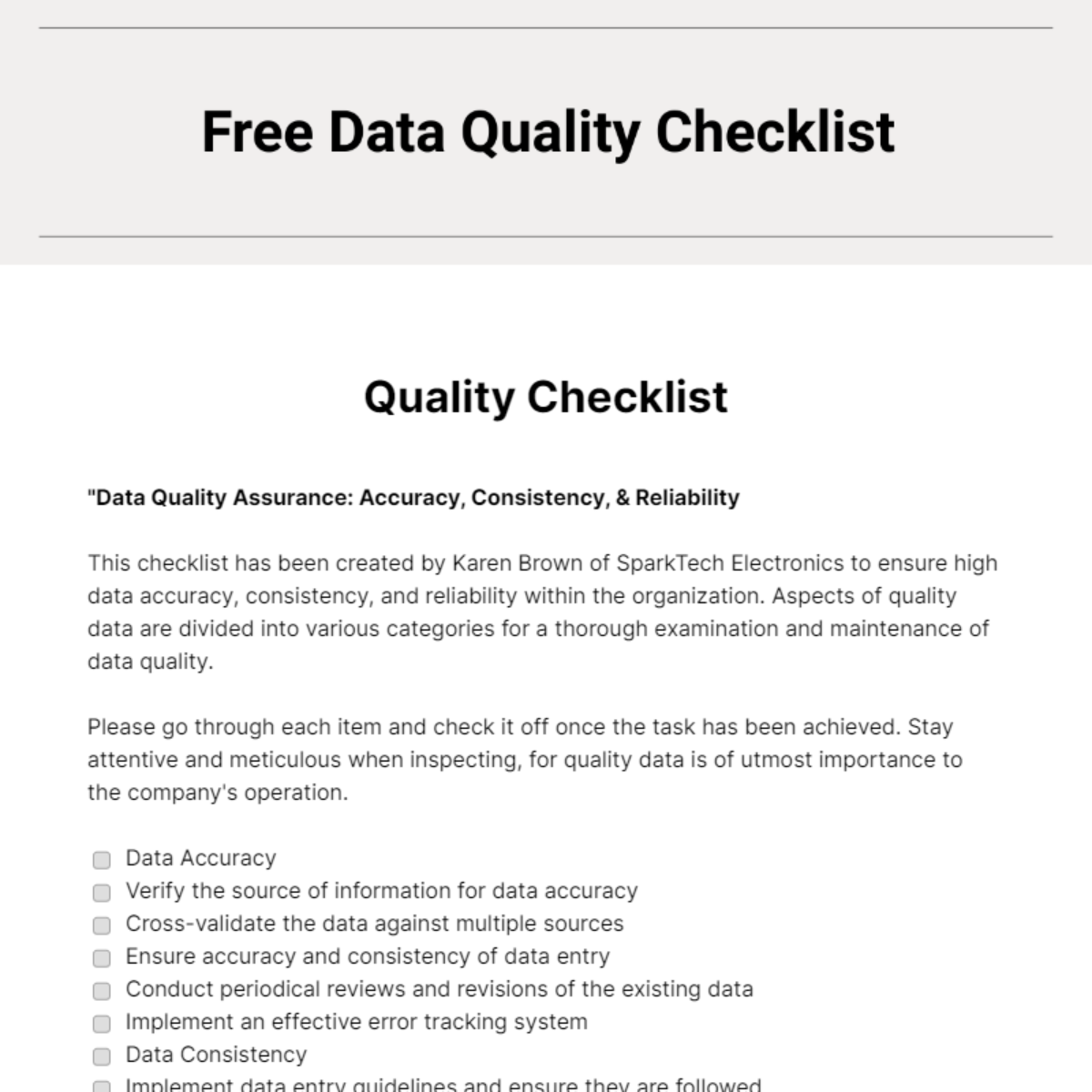 Free Quality Checklist - Edit Online & Download 