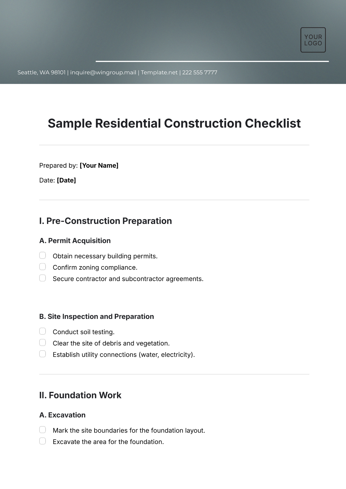 Sample Residential Construction Checklist Template - Edit Online & Download