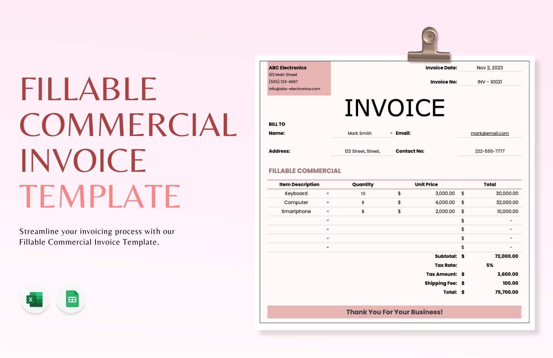 Fillable Commercial Invoice Template in Excel, Google Sheets