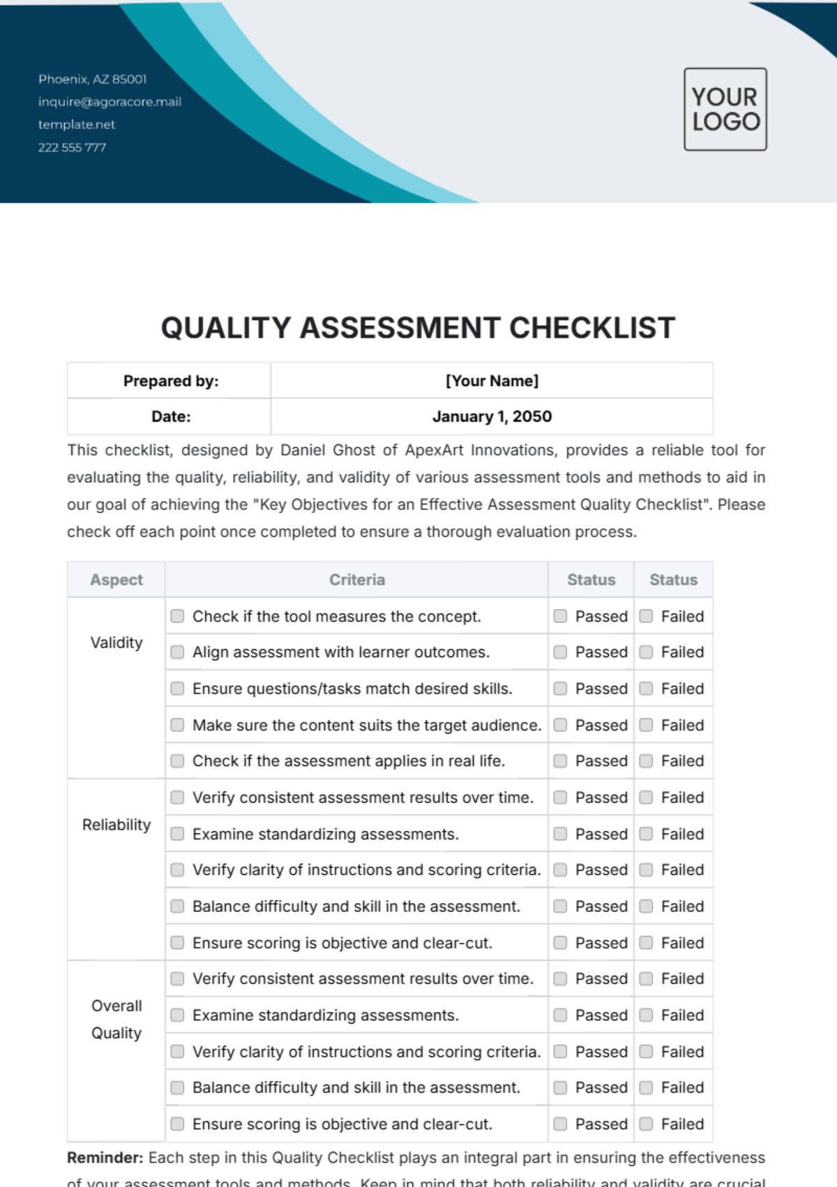 Quality Assessment Checklist Template