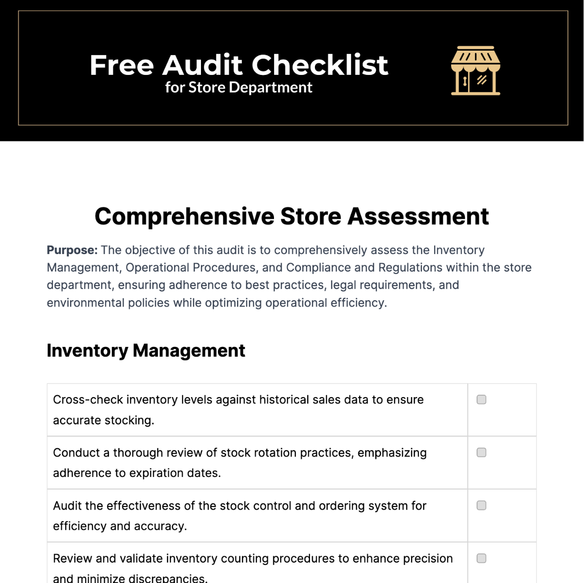 Audit Checklist for Store Department Template