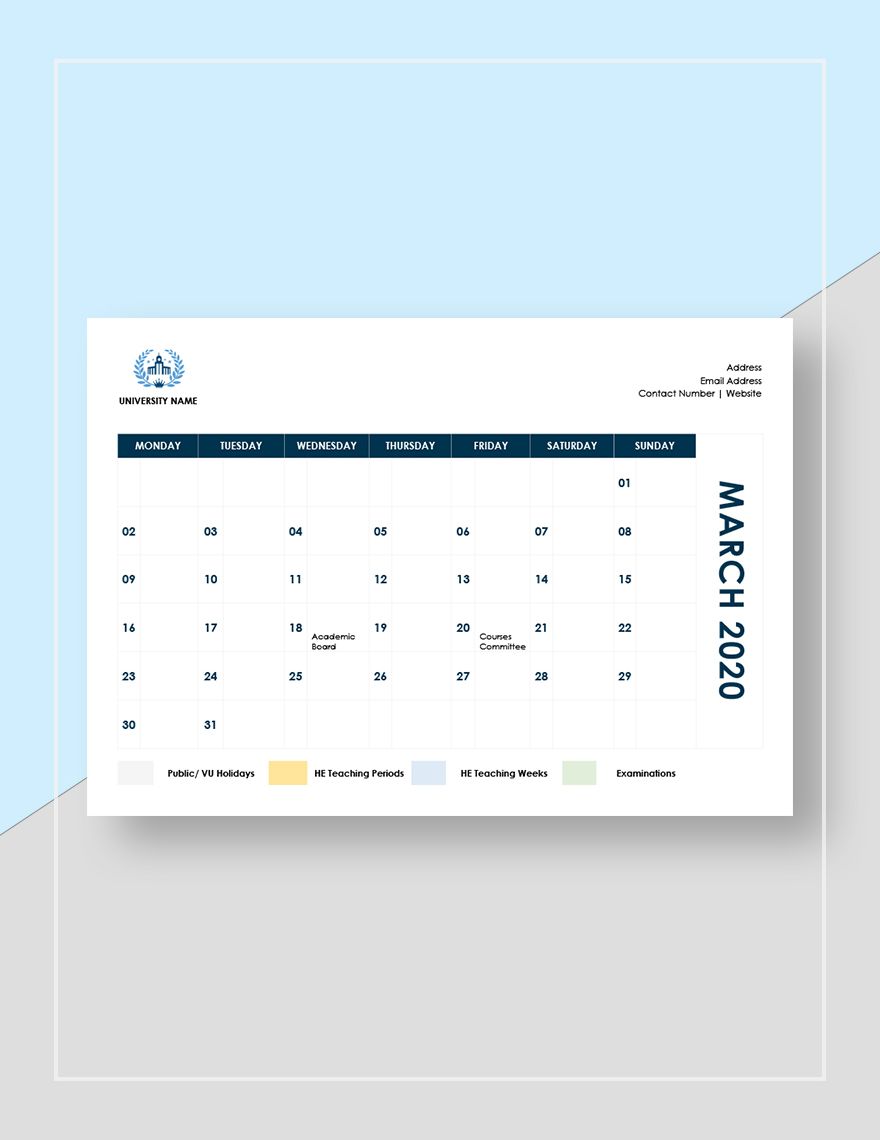 Sample Academic Calendar Template