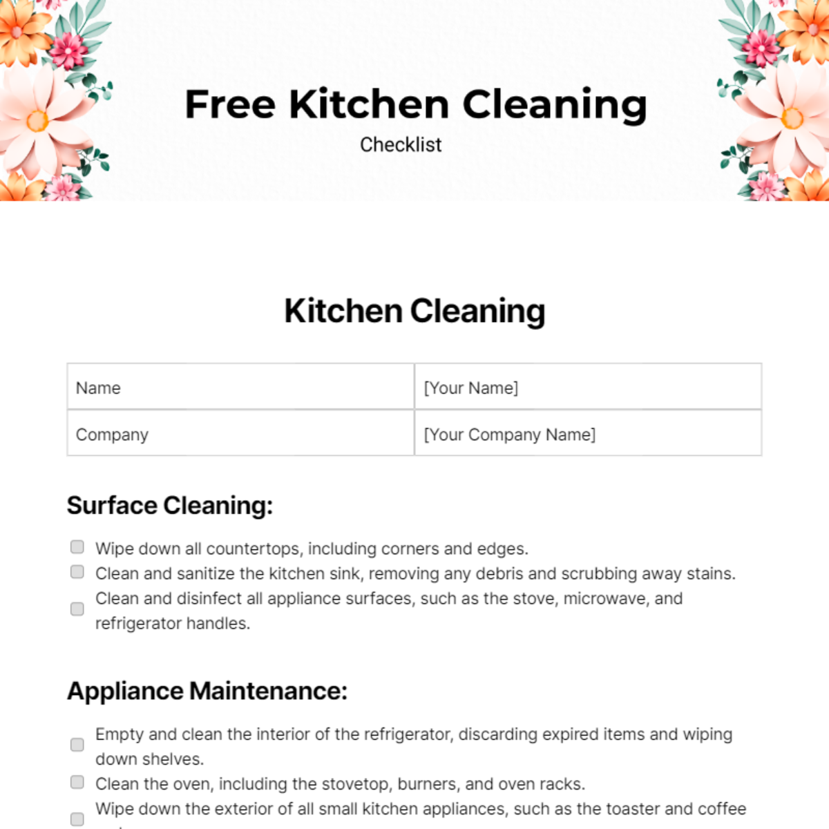 Free Kitchen Cleaning Checklist Template