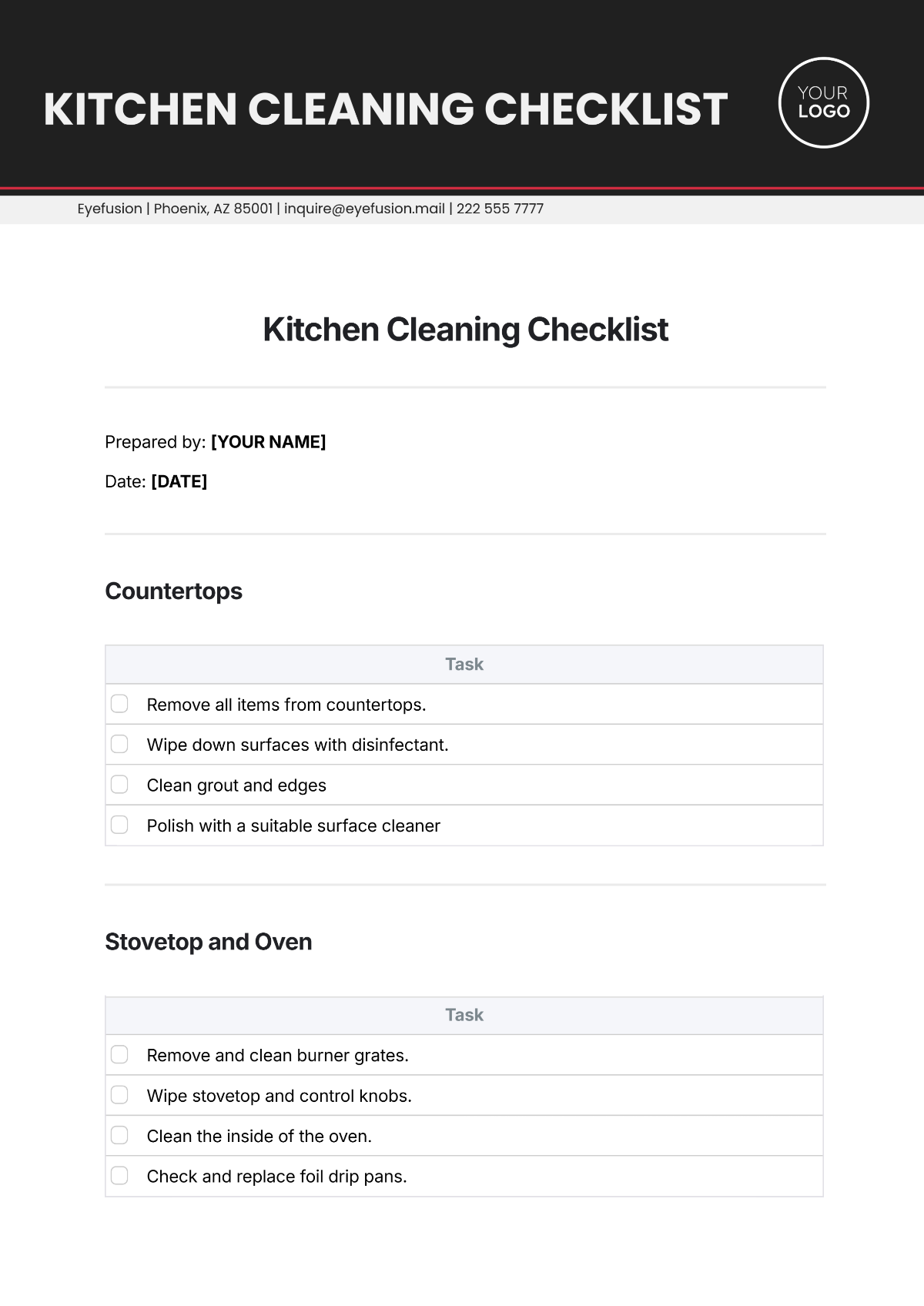 Kitchen Cleaning Checklist Template