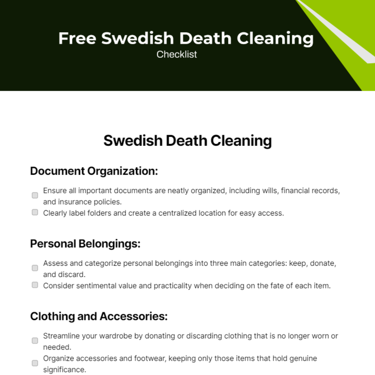 Swedish Death Cleaning Checklist Template