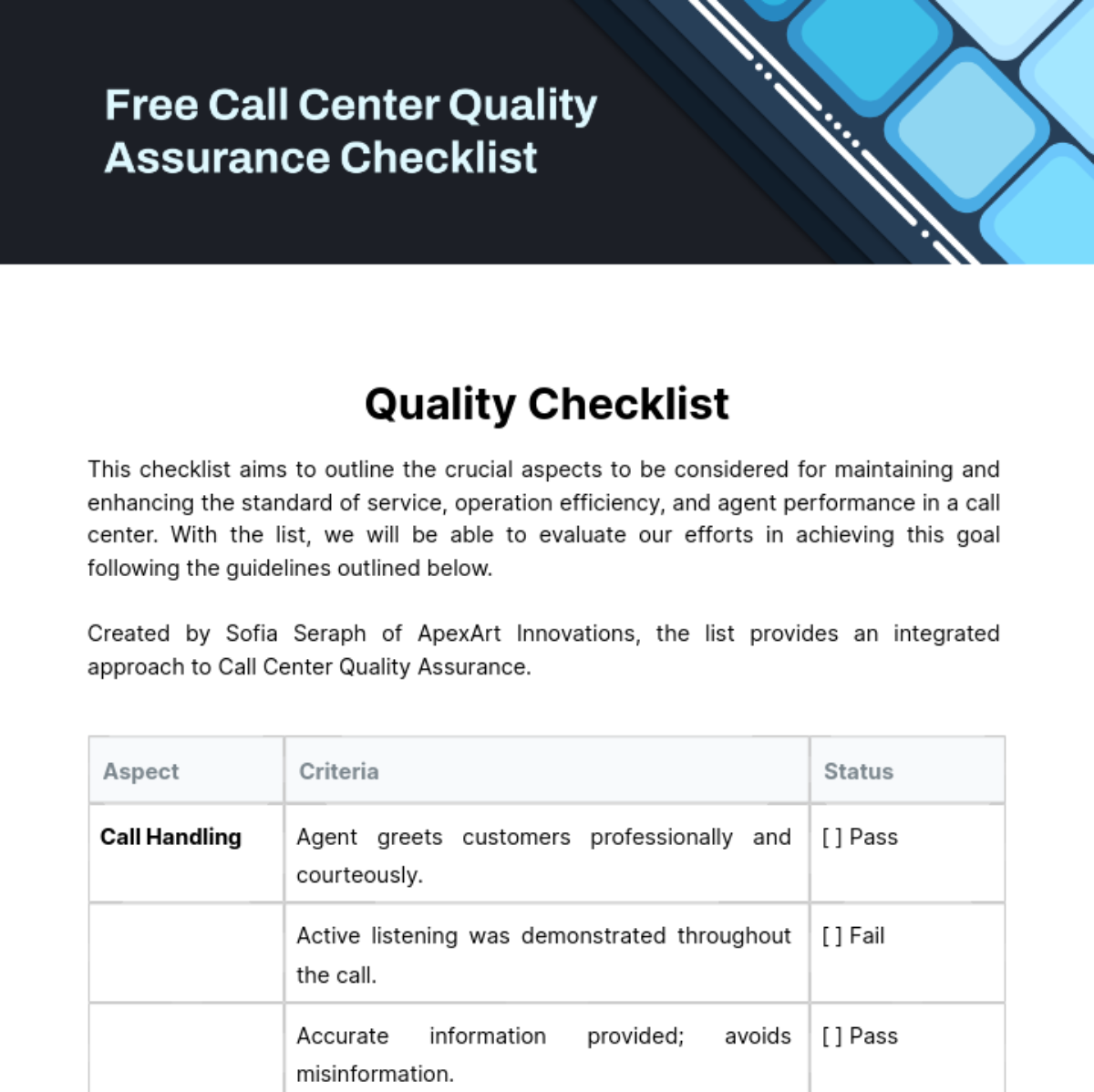 Call Center Quality Assurance Checklist Template