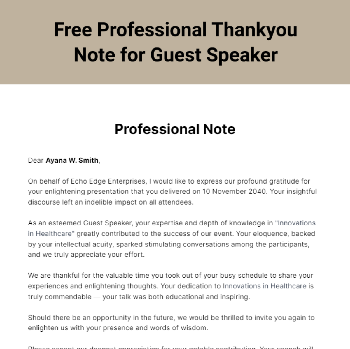 Free Professional Thankyou Note for Guest Speaker Template