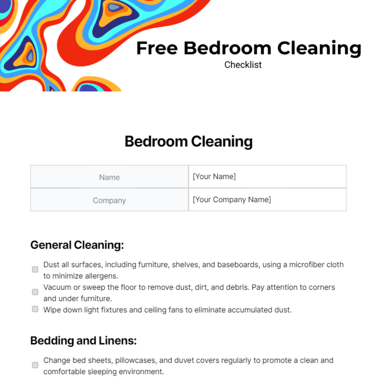 Free Bedroom Cleaning Checklist Template