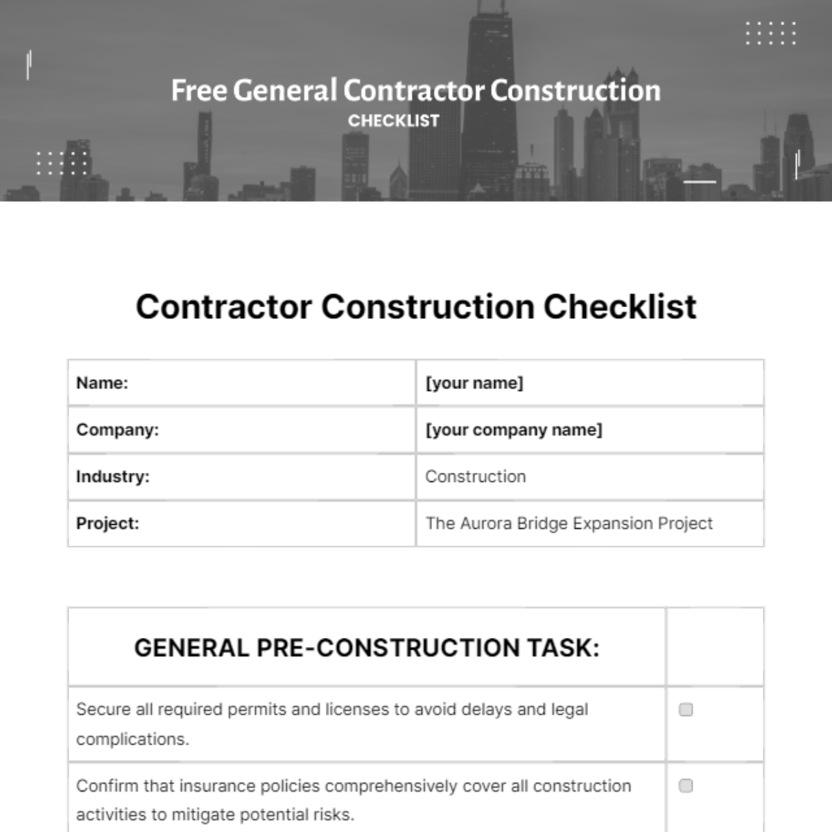 General Contractor Construction Checklist Template