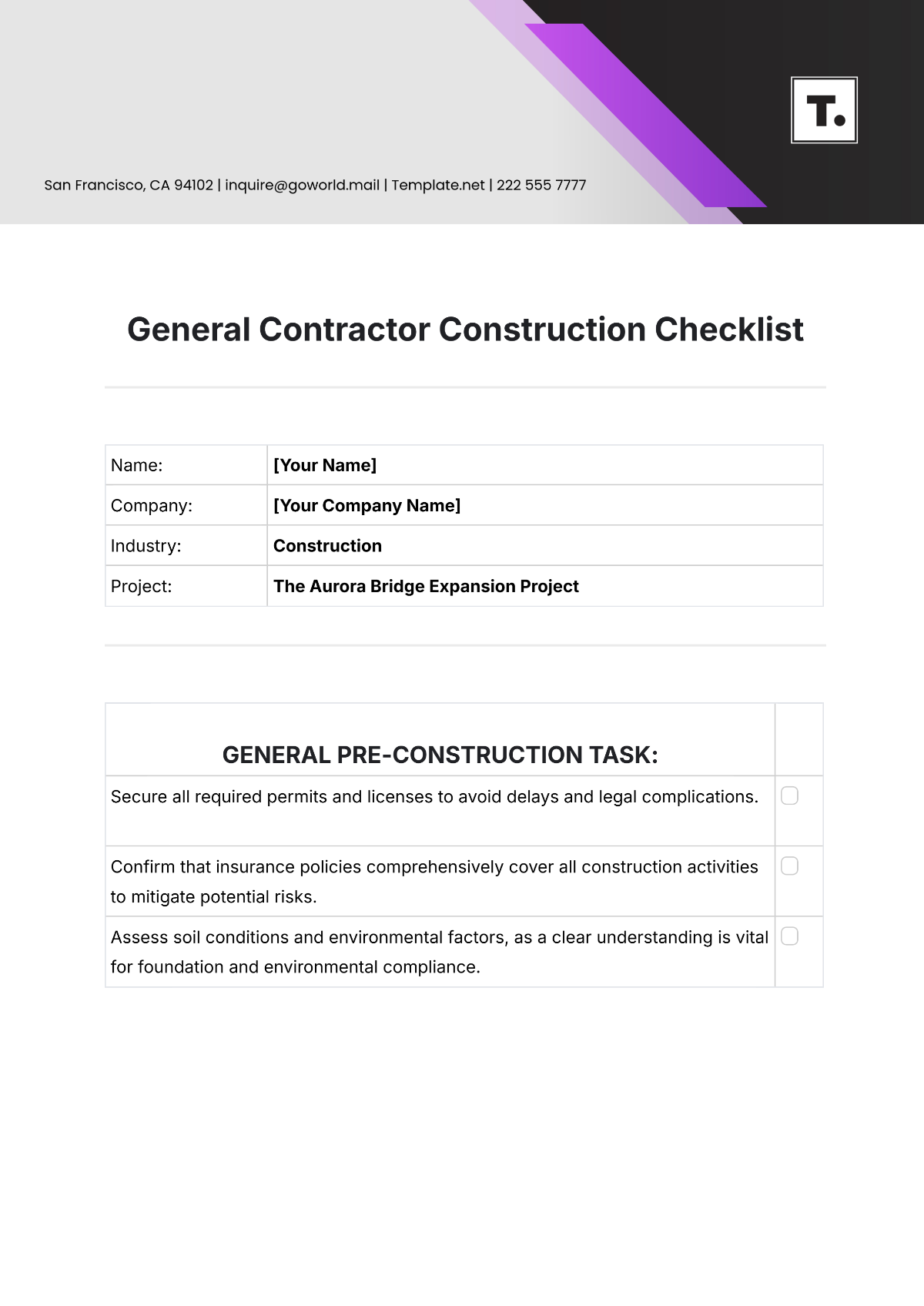 General Contractor Construction Checklist Template - Edit Online & Download