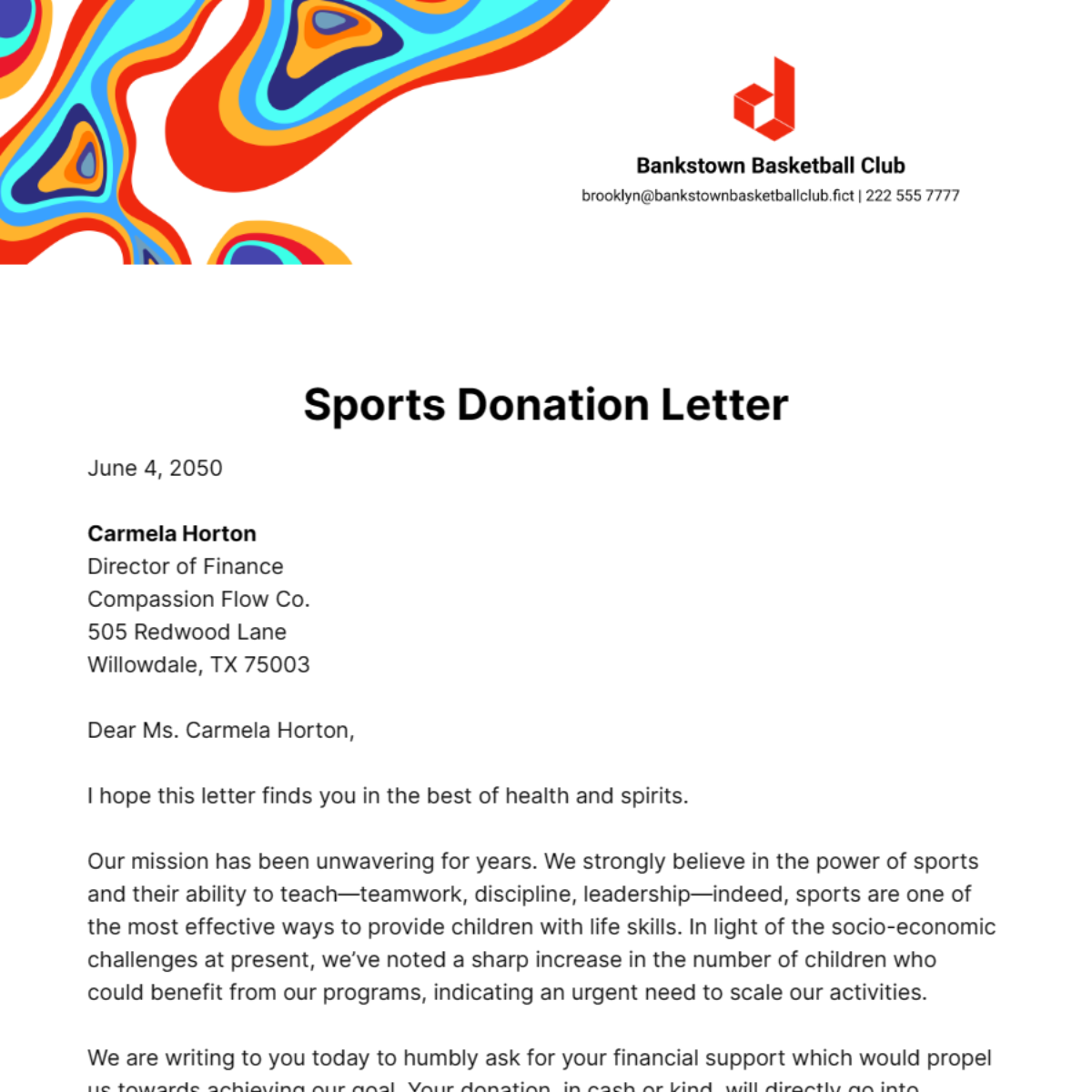 Sports Donation Letter Template