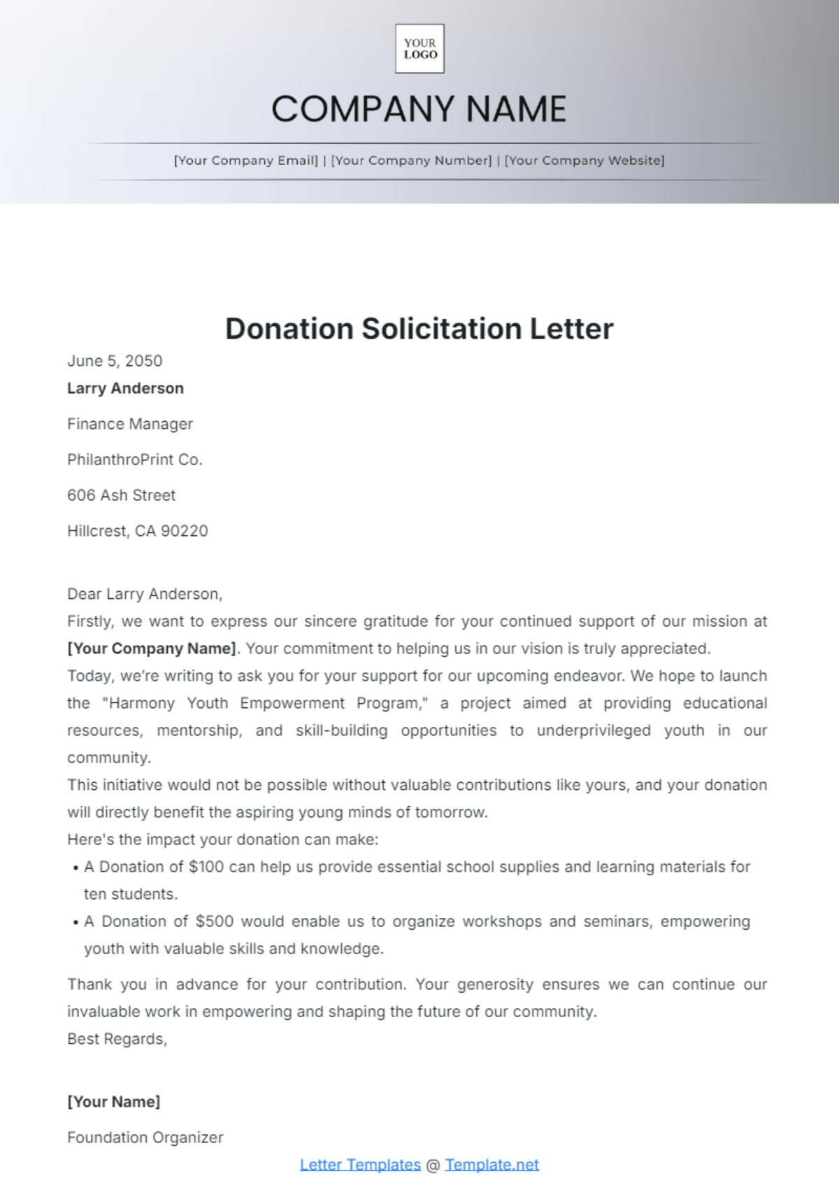 Donation Solicitation Letter Template - Edit Online & Download