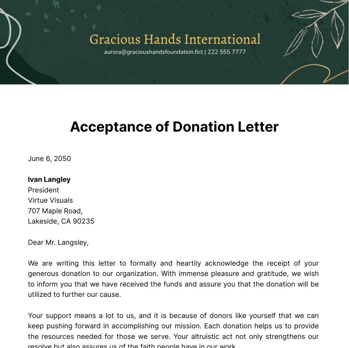 Free Acceptance of Donation Letter Template