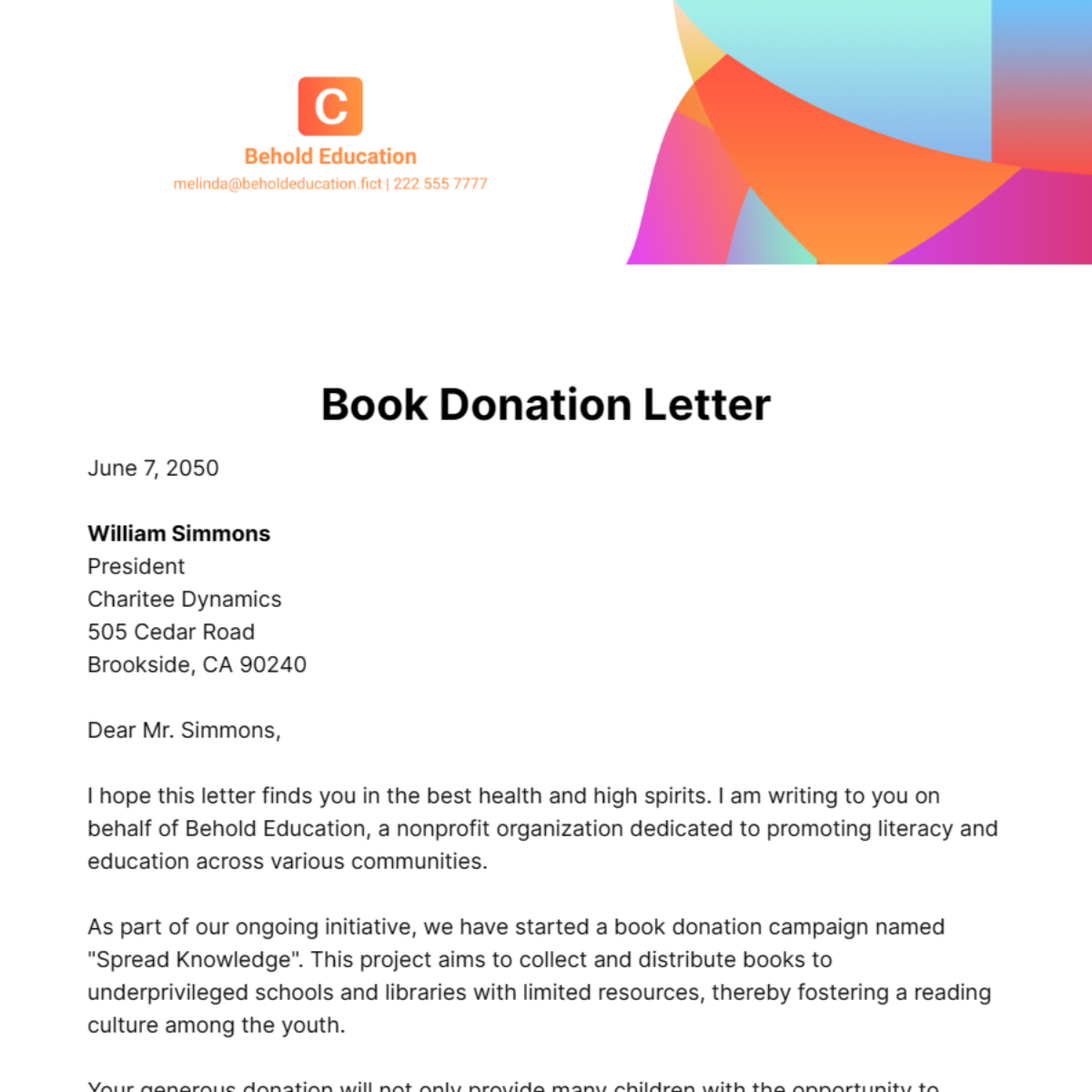Free Book Donation Letter Template