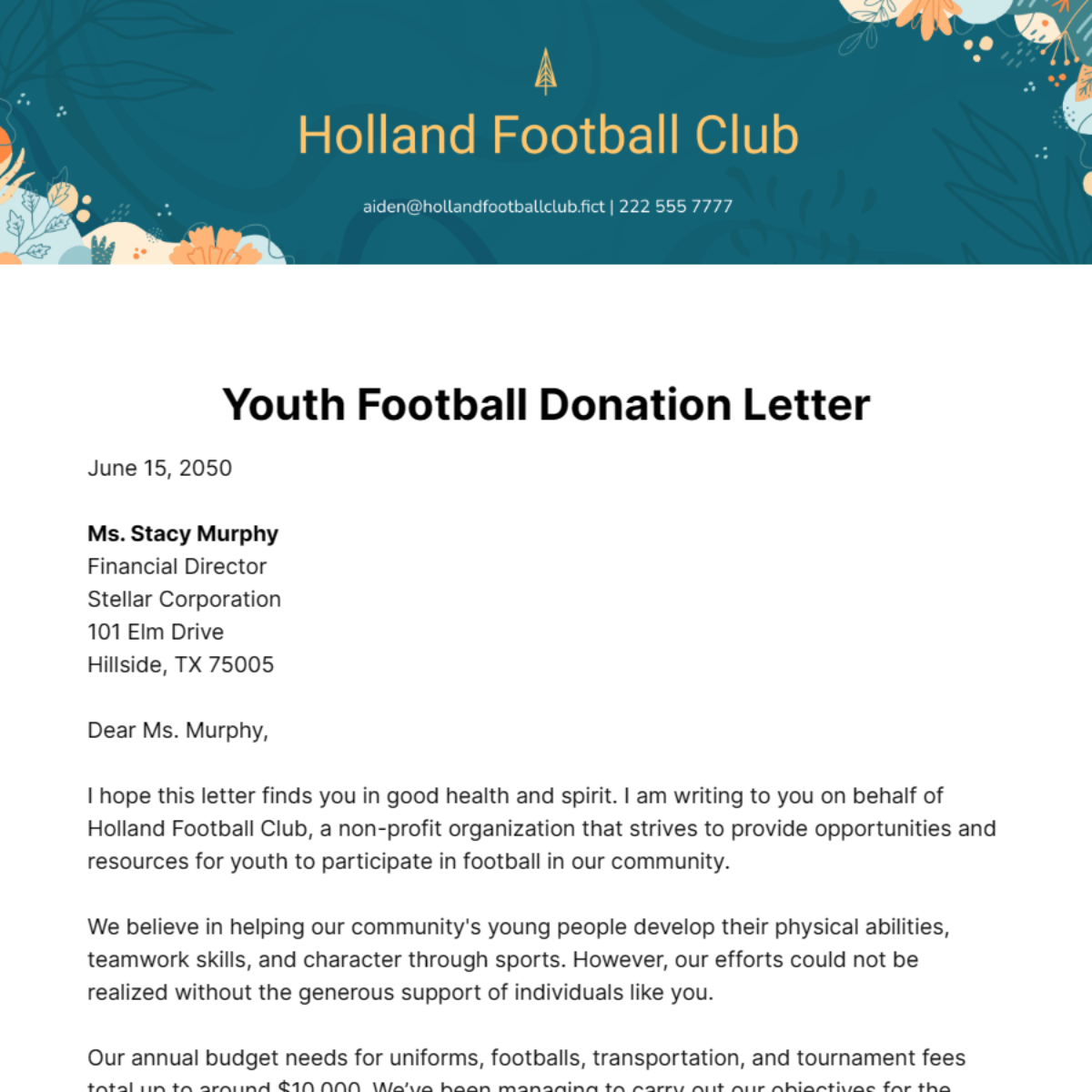 Youth Football Donation Letter Template