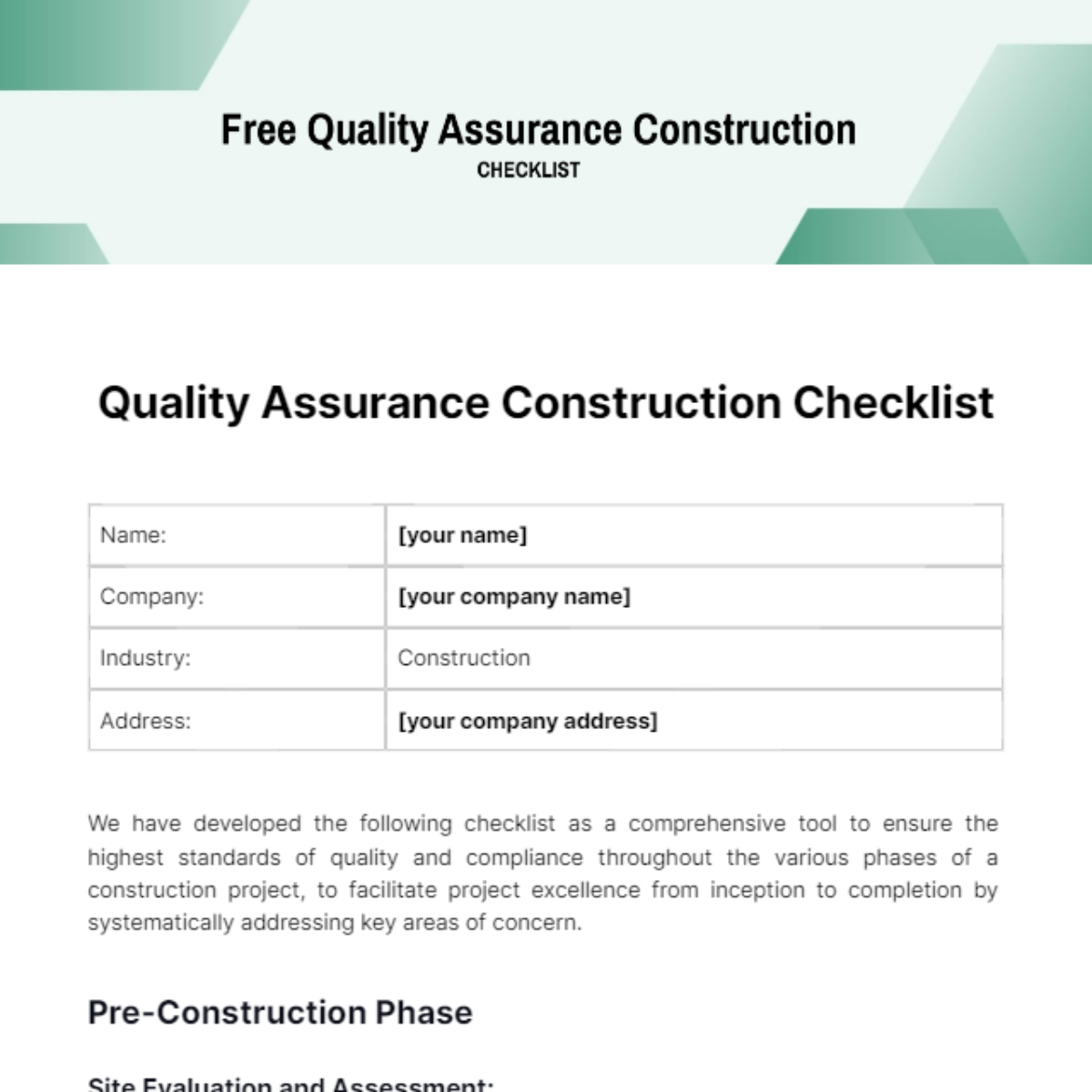 Quality Assurance Construction Checklist Template