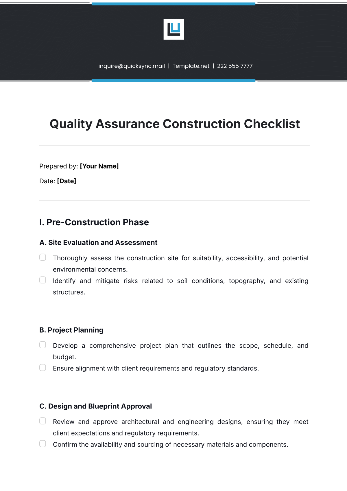 Quality Assurance Construction Checklist Template