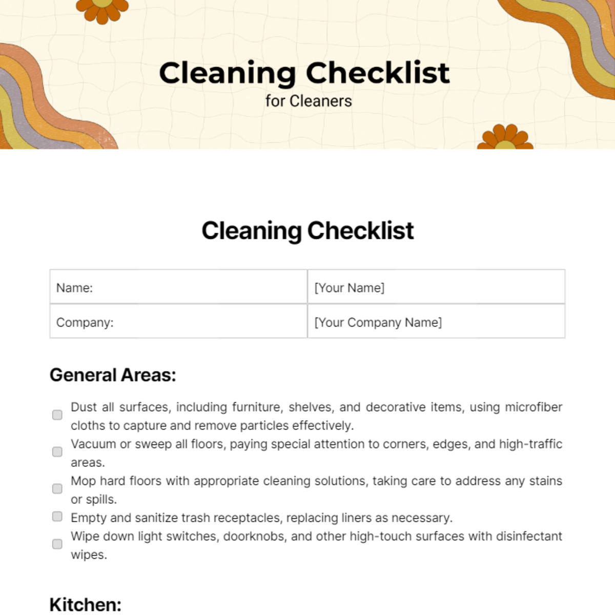 Cleaning Checklist For Cleaners Template