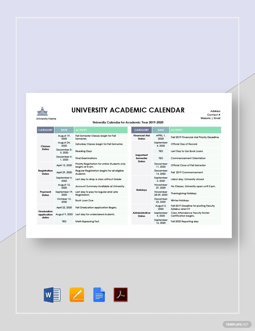 University Academic Calendar Template