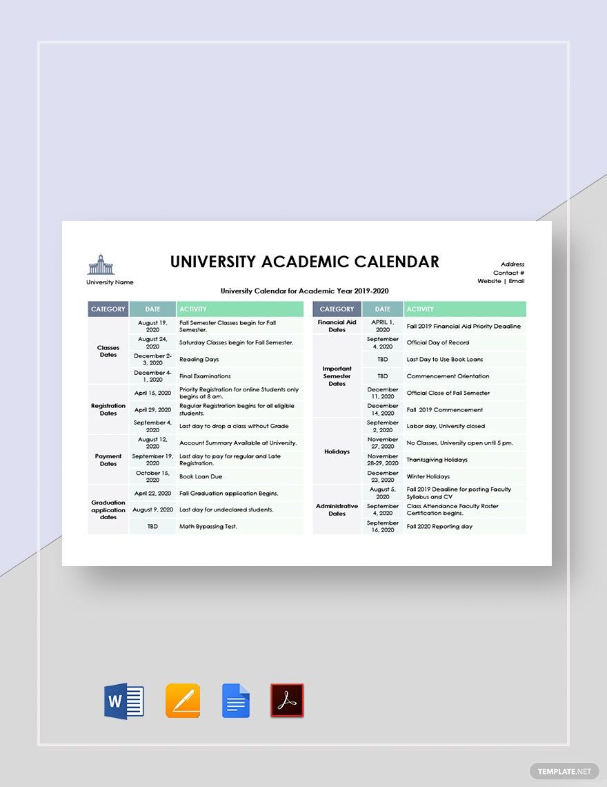 University Academic Calendar Template in Word, Google Docs, PDF, Apple Pages