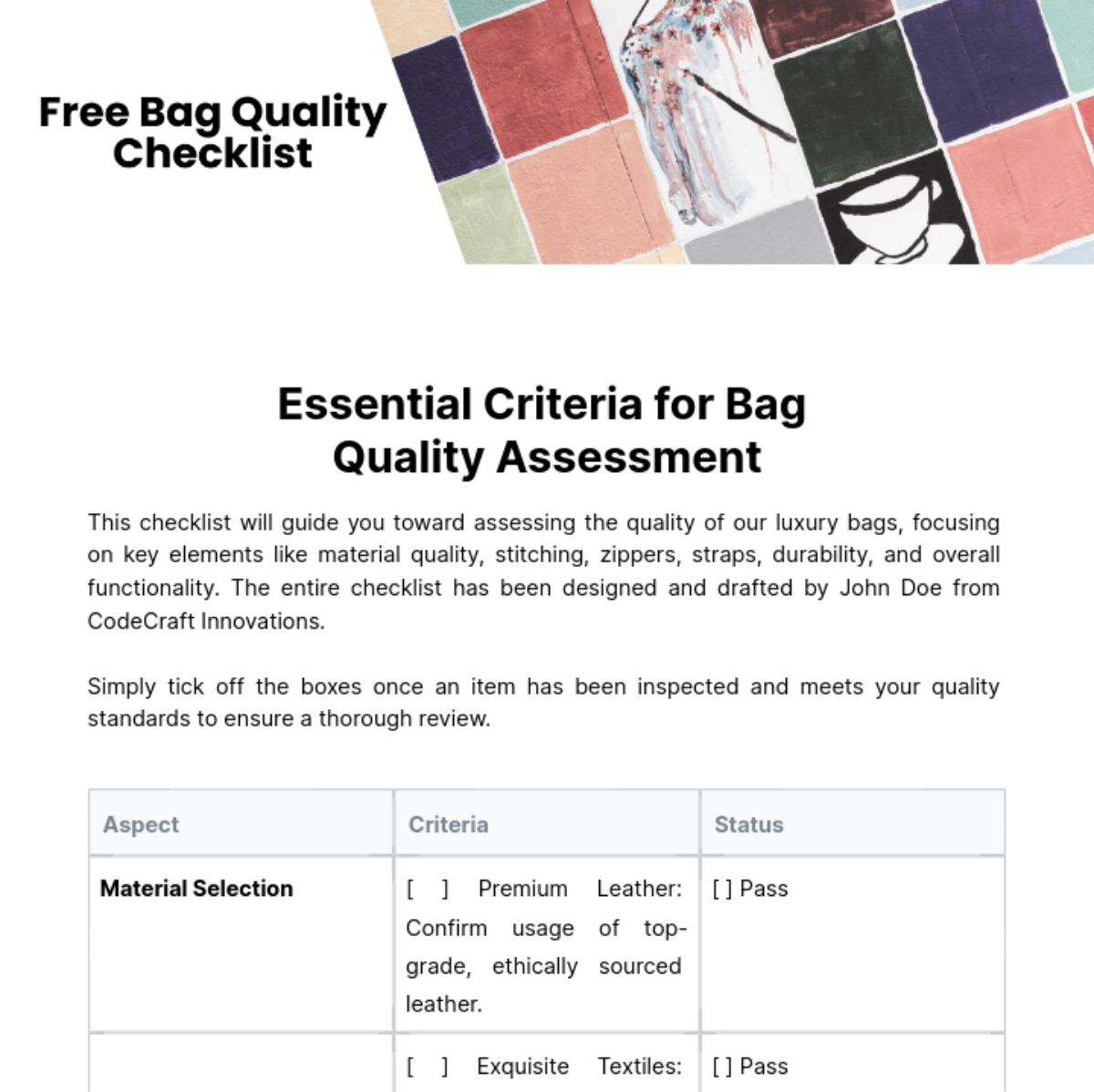 Bag Quality Checklist Template